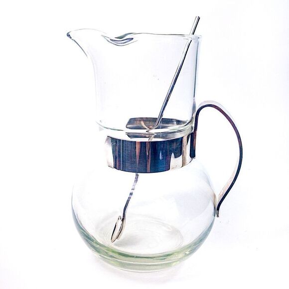 MCM Handblown Glass Cocktail Pitcher w/ Silver Plate Handle and Stirrer - Picture 1 of 12